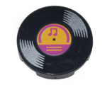 Black Tile, Round 2 x 2 with Bottom Stud Holder with Vinyl Record with Bright Light Orange and Magenta Center and Musical Notes Pattern