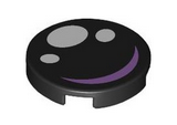 Black Tile, Round 2 x 2 with Bottom Stud Holder with 3 White Dots / Pupils and Medium Lavender Curved Line / Smile Pattern