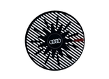 Black Tile, Round 2 x 2 with Bottom Stud Holder with White Audi Logo, Silver Stripes, and Red Stripe Pattern