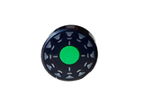 Black Tile, Round 1 x 1 with Bright Green Circle, Silver Stripes and Dark Silver Triangles Pattern