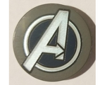 Dark Bluish Gray Tile, Round 2 x 2 with Bottom Stud Holder with Silver Avengers Logo Pattern