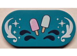 Dark Turquoise Tile, Round 2 x 4 Oval with Bright Pink and Light Aqua Popsicles, Dark Blue Drops and White Ornaments and Sparkles / Stars Pattern