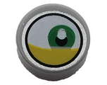 Light Bluish Gray Tile, Round 1 x 1 with Lateral Green Eye and Yellow Eyelid Pattern