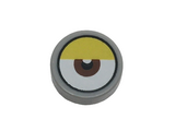 Light Bluish Gray Tile, Round 1 x 1 with White Eye with Centered Reddish Brown Iris and Partially Closed Yellow Eyelid Pattern