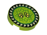 Lime Tile, Round 2 x 2 with Bottom Stud Holder with Yellow Eyes, Green Scales, and Tan Teeth / Horn Ring Pattern (HP Fanged Frisbee)