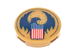 Pearl Gold Tile, Round 2 x 2 with Bottom Stud Holder with Blue Bird with Raised Wings and Flag with Red, White and Blue Stars and Stripes Pattern