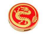 Pearl Gold Tile, Round 2 x 2 with Bottom Stud Holder with Gold Dragon on Red Background Pattern