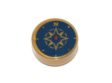 Pearl Gold Tile, Round 1 x 1 with Dark Blue Compass Rose and Red Needle Pattern