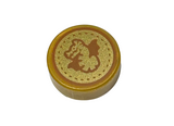 Pearl Gold Tile, Round 1 x 1 with Dark Orange Dragon and Dotted Circle on Gold Background Pattern (HP Unum Galleon)