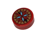 Red Tile, Round 1 x 1 with Dark Red, Bright Light Blue and Gold Compass Pattern