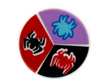 White Tile, Round 2 x 2 with Bottom Stud Holder with Red, Black, and Medium Azure Spiders on Black, Red, and Medium Lavender Background Pattern