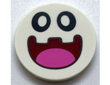 White Tile, Round 3 x 3 with Black Eyes and Dark Red Open Mouth Smile with Dark Pink Tongue Pattern (Super Mario Peepa Face)