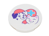 White Tile, Round 3 x 3 with Coral Heart with Medium Azure Cross, Smiling Dog and Cat Pattern