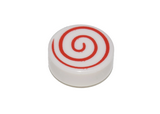 White Tile, Round 1 x 1 with Red Spiral Pattern