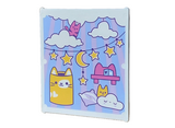 White Glass for Window 1 x 6 x 6 Flat Front with Clouds, Lavender Sun Rays and Pillow, Dark Purple Garland with Yellow Stars and Crescent Moon, Cats and Magenta Chair with Cube on Bright Light Blue Background Pattern